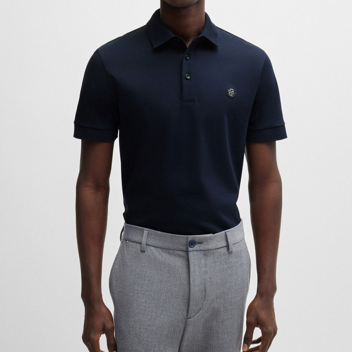 BOSS Navy Mercerized-Cotton Polo Shirt With Double Monogram