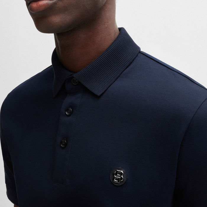 BOSS Navy Mercerized-Cotton Polo Shirt With Double Monogram