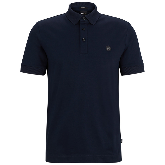 BOSS Navy Mercerized-Cotton Polo Shirt With Double Monogram