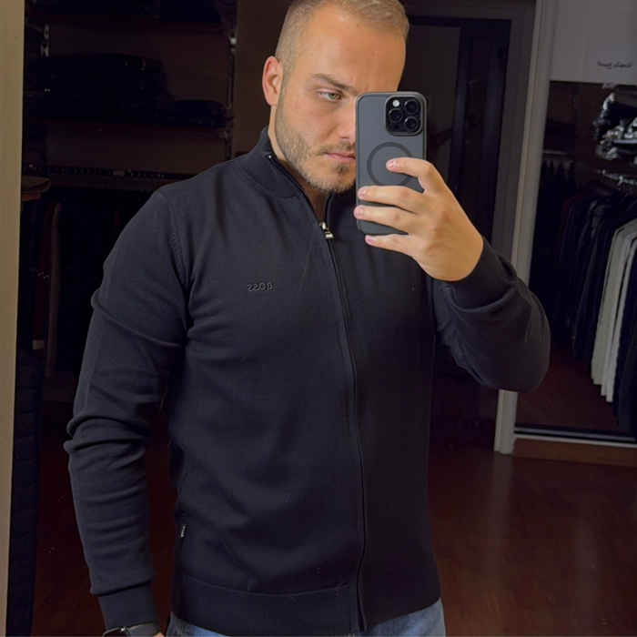 BOSS Knitted Zip-Up Cardigan in Cotton