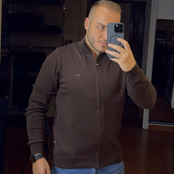 BOSS Knitted Zip-Up Cardigan in Cotton