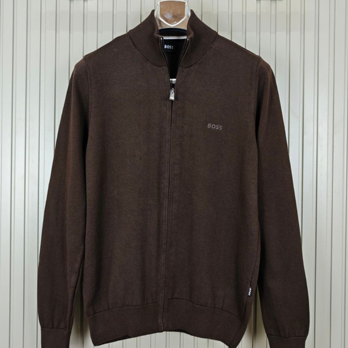 BOSS Knitted Zip-Up Cardigan in Cotton