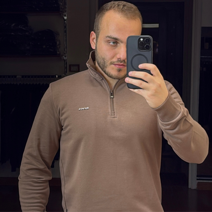 BOSS Zip-Neck Cotton Sweater With Logo Print