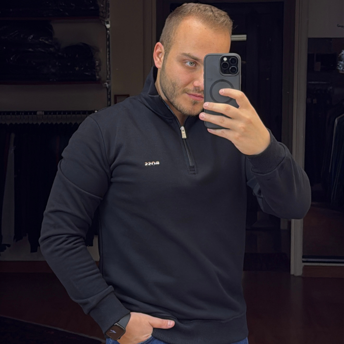 BOSS Zip-Neck Cotton Sweater With Logo Print