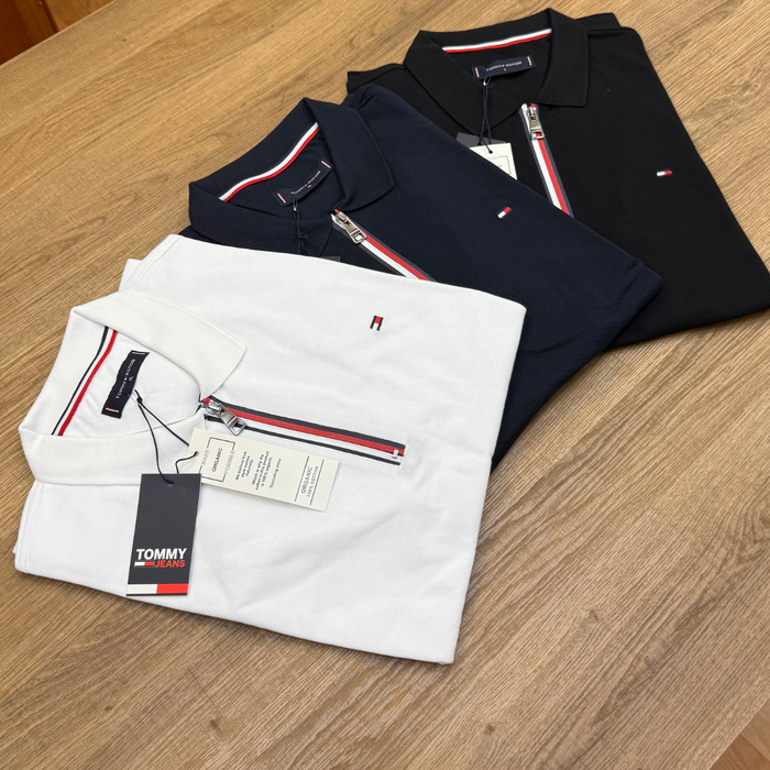 Tommy Hilfiger Cotton Red White and Blue Zipper Short Sleeve Polo T-Shirt